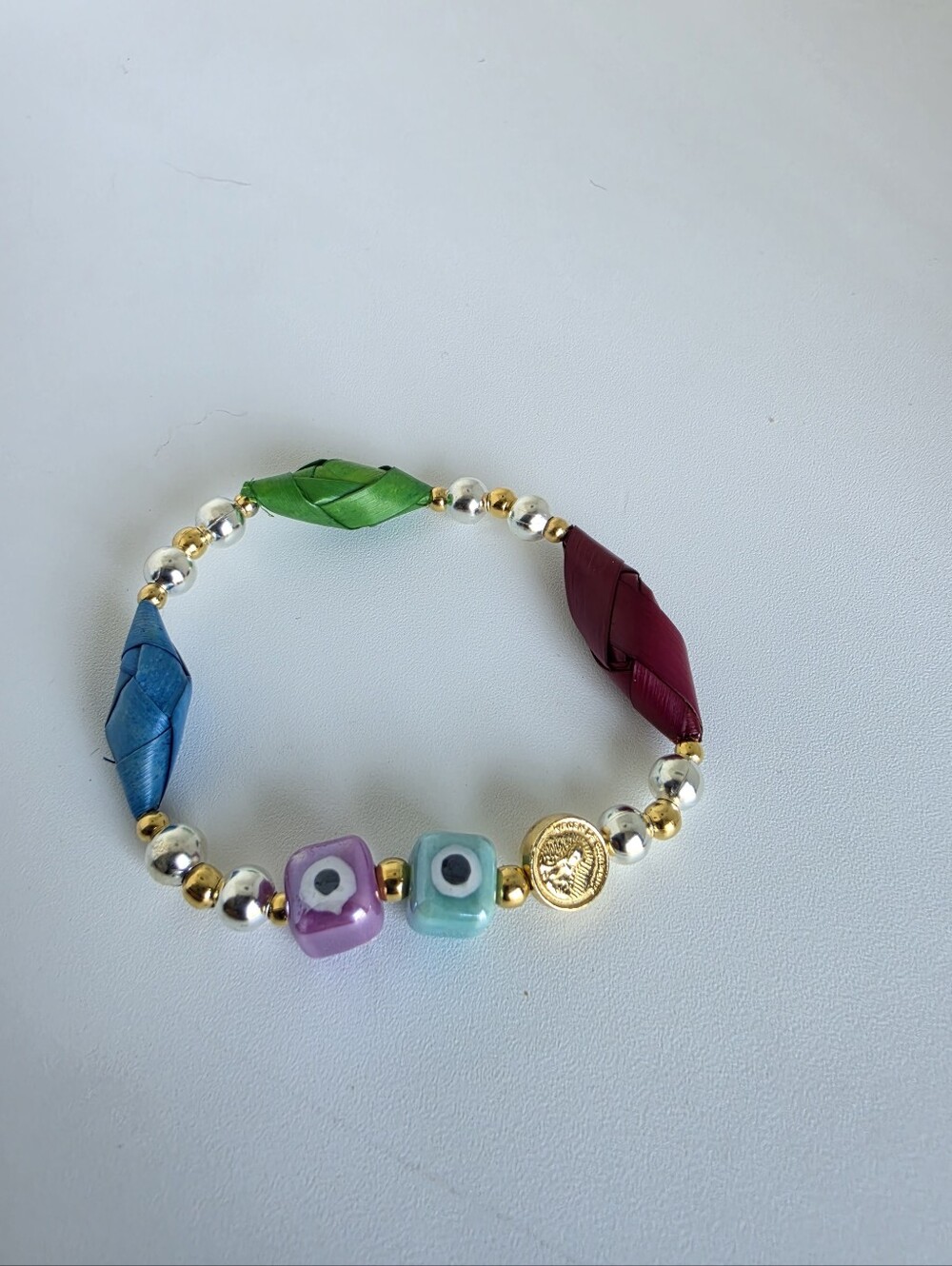 Handmade Evil Eye Stretch Bracelet Colorful Beaded Gold Tone Protection Lucky